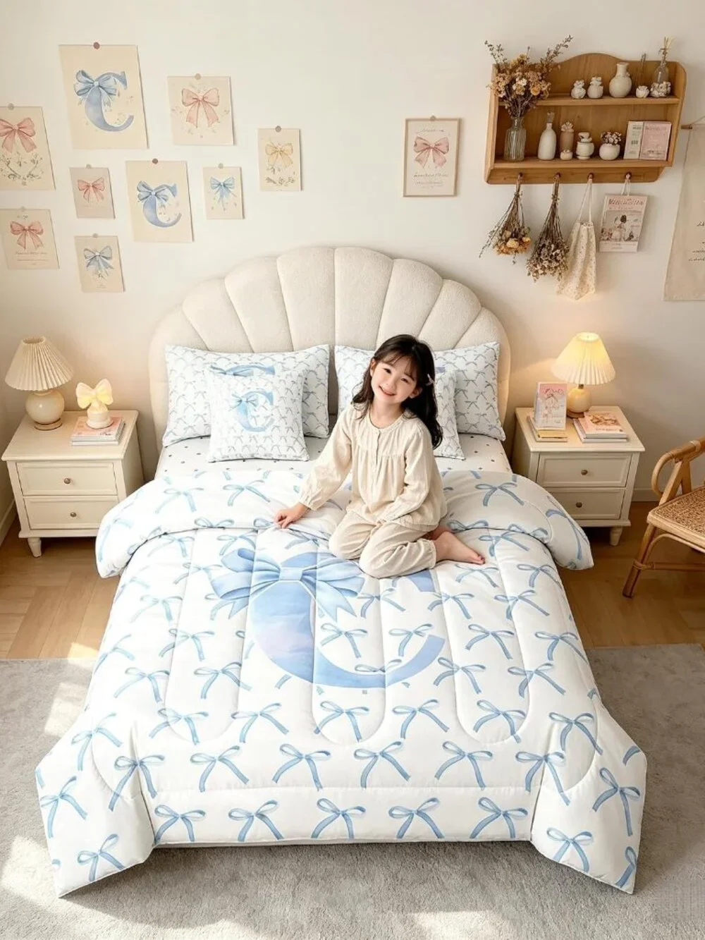 7 Pcs Cartoon Bowknot Kids Comforter Queen Size,Blue Bow Tie Letter C Knot Princ